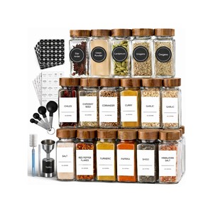 Topika - Spice Jars Glass Set 27pcs with Walnut Lids,Funnel,Grinder,Labels