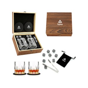 Topika Whiskey Gift Set for Men - 2 Glasses, 8 Whiskey Stones & Wooden Box