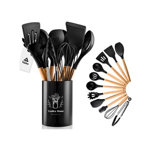 Topika - Silicone Kitchen Utensils Set 12-piece Non-Stick, Wooden Handles