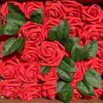 Topika - 25-Piece Artificial Foam Roses with Stems, Red Fake Flower Bouquet