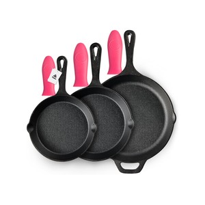 Topika Cast Iron Grill Pan Set 3 Piece with Silicone Handle Covers & Grip