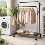 Topika Double Rod Clothes Rack with Wheels & Metal Shoe Storage Stand