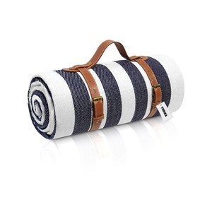 Topika-Extra Large Waterproof Picnic Blanket with Carry Strap, Blue & White