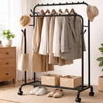 Topika Double Rod Clothes Rack with Wheels & Metal Shoe Storage Stand