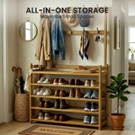 Topika Coat And Shoe Rack With 5 Tier Shelf And Hooks For Entryway, Wooden