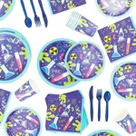 144pcs Science Party Supplies with Paper Party Plates Cups Napkins Cutlery