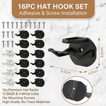 Topika - Hat Hooks For Wall, Cap Hooks And Caps Hanger Set, 16 Pcs