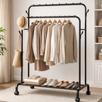 Topika Double Rod Clothes Rack with Wheels & Metal Shoe Storage Stand