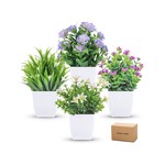 TopikaHome - 4 Artificial Potted Flowers, Small Faux Plants for Home Decor