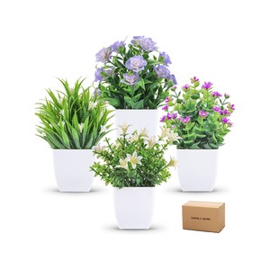 TopikaHome - 4 Artificial Potted Flowers, Small Faux Plants for Home Decor