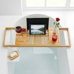 Topika-Expandable Bamboo Bathtub Tray,Wood Bath Tray w/ Soap &Tablet Holder