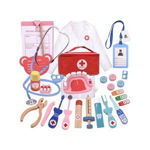 Topika Kids Wooden Doctor Kit 22-Piece Pretend Play Set with Coat and Bag
