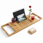 Topika-Expandable Bamboo Bathtub Tray,Wood Bath Tray w/ Soap &Tablet Holder