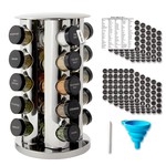 Topika - Stainless Steel Rotating Spice Rack with 20 Glass Jars & Label Set