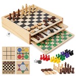 Topika 7-in-1 Wooden Chess Set, 30cm Travel Family Board Game Box for Home