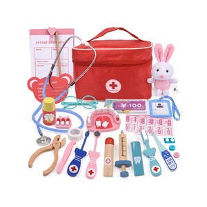 Topika Wooden Kids Doctor Kit and Dentist Play Set with Red Cloth Bag