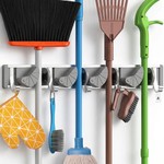 Topika Broom Holder Wall Mount Mop 2-in-1 Broom Holder and Hooks Organiser