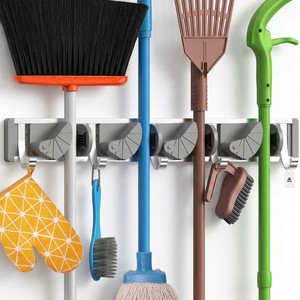 Topika Broom Holder Wall Mount Mop 2-in-1 Broom Holder and Hooks Organiser