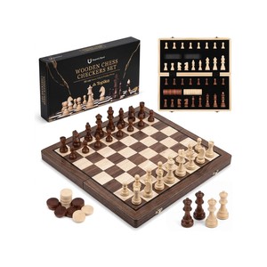 Topika Magnetic Wooden Chess and Checkers Set with Double Queen Pieces