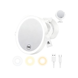 Topika Makeup Mirror Suction Cup 18cm, 1X/10X, 3 Light Modes Rechargeable