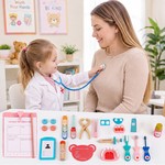 Topika Kids Wooden Doctor Kit 22-Piece Pretend Play Set with Coat and Bag