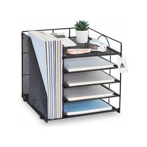 Topika - Desk Organiser with 5-Tier Tray & Side File Holder, Black Steel
