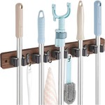 Topika Mop and Broom Holder Wall Mount with Rustic Wood Rack & Hooks
