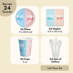 Baby Gender Reveal Party Plates Set for 24 Guests - 144 Piece