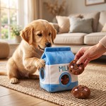 Topika Plush Milk Bag Hide and Seek Dog Toy Set with 3 Squeaky Biscuits