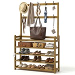 Topika Coat And Shoe Rack With 5 Tier Shelf And Hooks For Entryway, Wooden