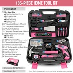 Topika Pink Household Tool Set 135-Piece with 3.6V Cordless Driver Drill