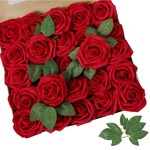 Topika - 25-Piece Artificial Foam Roses with Stems, Red Fake Flower Bouquet
